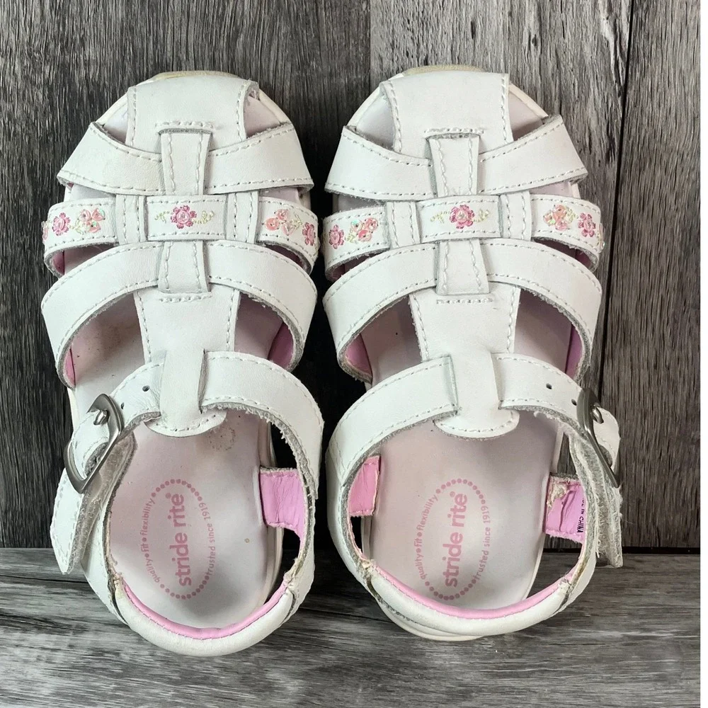 Stride Rite Cozumel Girls White Leather Floral Fisherman Sandals 6W BG18980